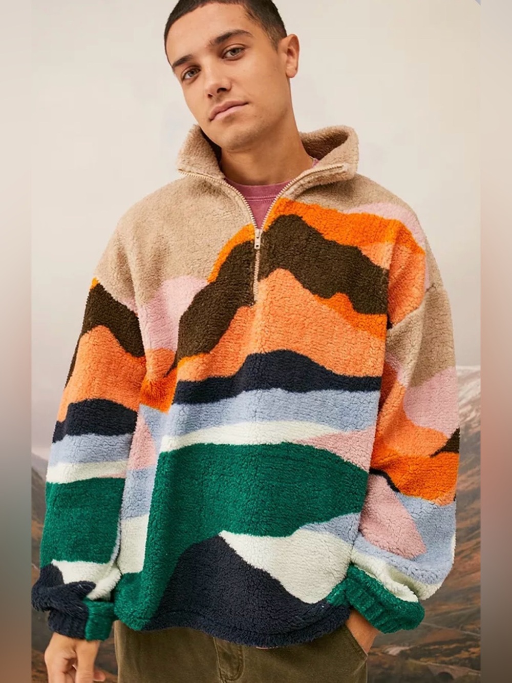 Urban outfitters Bright Landscape Mock Neck Borg Jacket size Small